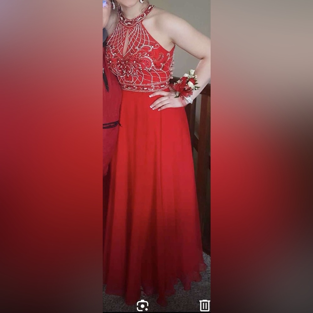 Lore Red Halter Bejeweled Beaded Prom Dress 6